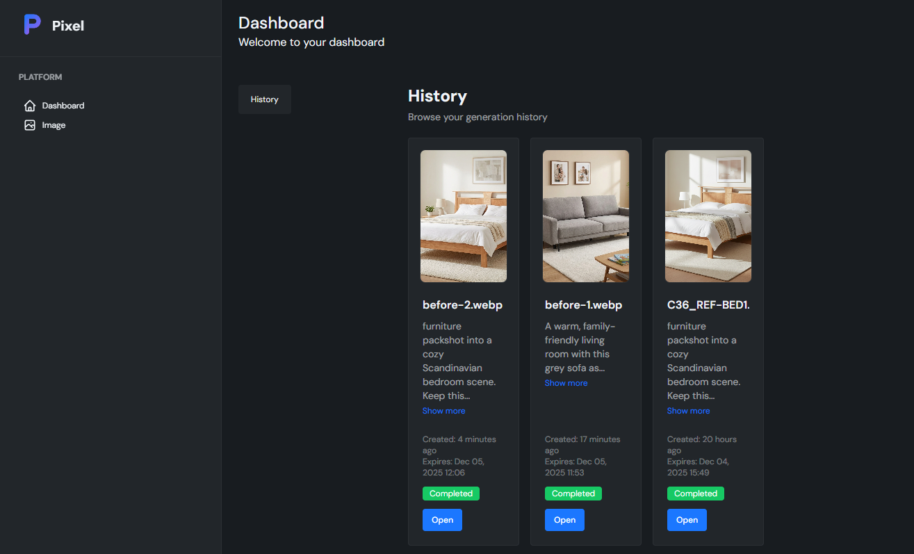 Dashboard showing generation speed and history